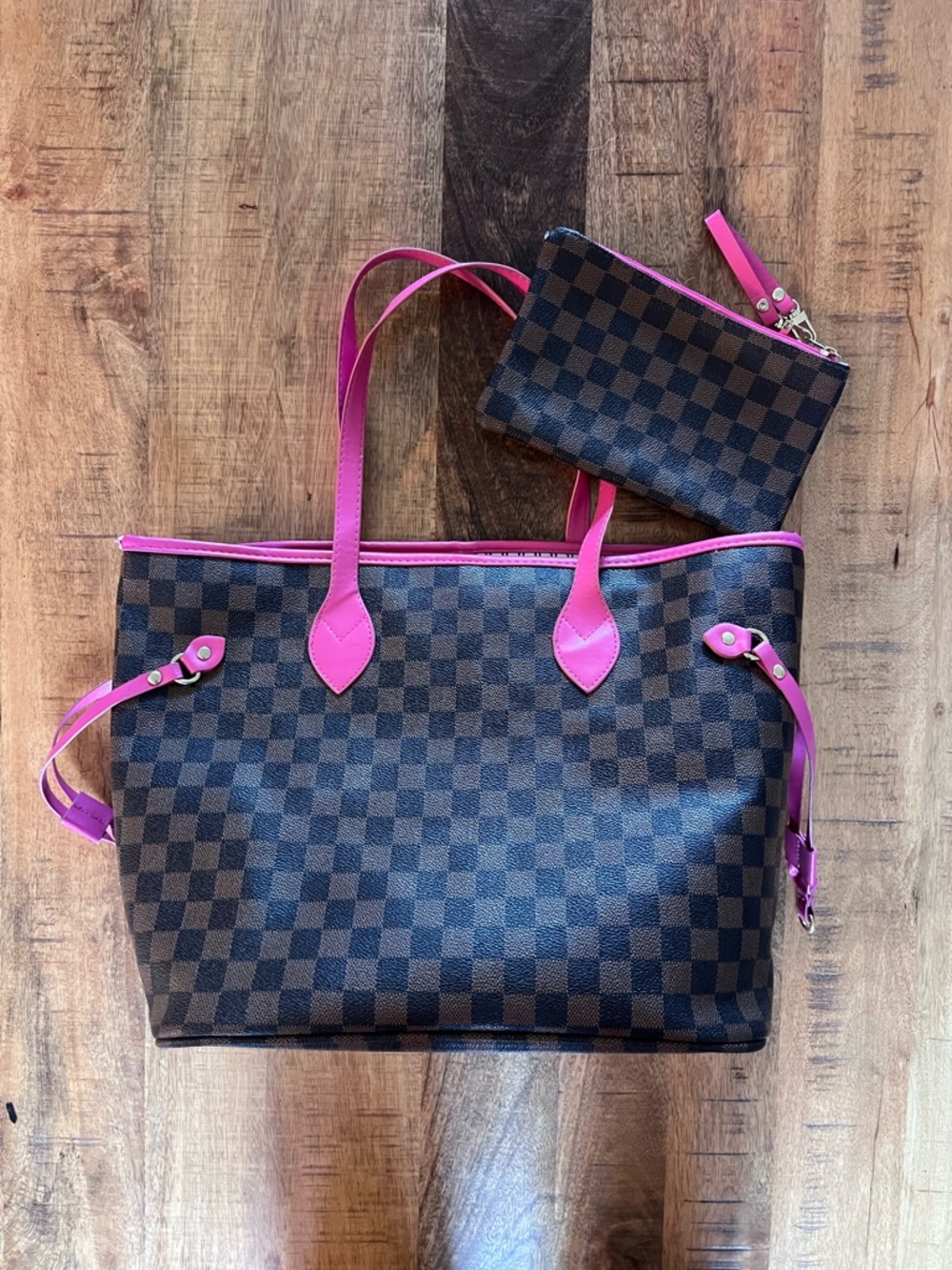 Brown Check Tote Bag with Pink Trim - Designer-Inspired Women's Bag